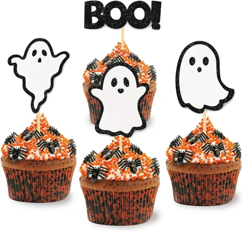 Vista 16 de 24 piezas de adornos de Halloween para cupcakes fantasmas, palillos de revelación de género para niños y niñas, adornos para tartas rosas y azules