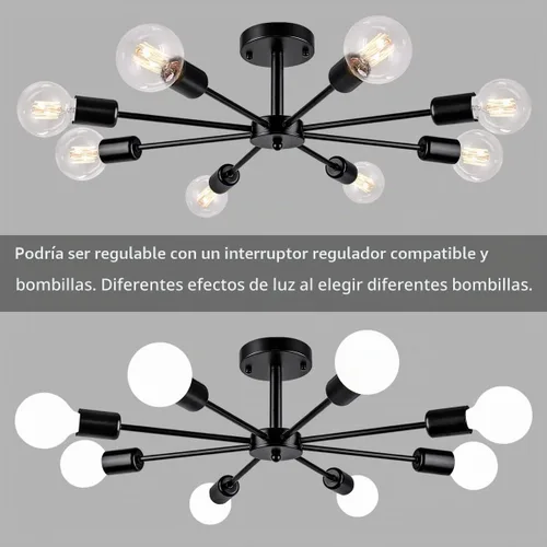 Vista 5 de Lámpara de Techo Semiempotrada de 23.62'', Candelabro Moderno de 8 Luces Negro para Sala de Estar, Candelabro de Luces Sputnik para Dormitorio