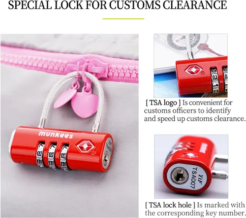 Vista 6 de munkees Cerradura de equipaje aprobada por la TSA, combinación de 3 dígitos, construcción de metal (rojo)