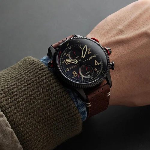 Vista 6 de AVI-8 Mens 43mm Hawker Hunter Duke Chronograph Japanese Meca-Quartz Pilot Watch with Leather Strap AV-4080