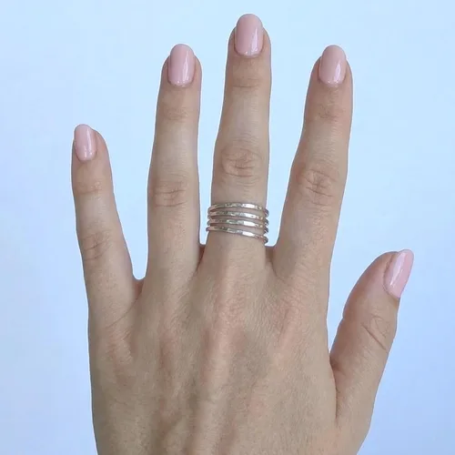 Vista 2 de Anillo ajustable abierto de plata hecho a mano, bolas, hoja, multibanda, plata de ley 925, tamaño 7, anillo de abrazo para mujer, pequeño y delicado