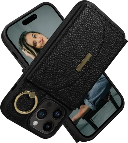 Vista 17 de Funda tipo cartera para iPhone 14 Pro Max de 6.7 pulgadas, con ranuras para tarjetas, soporte para anillos, funda protectora de piel sintética