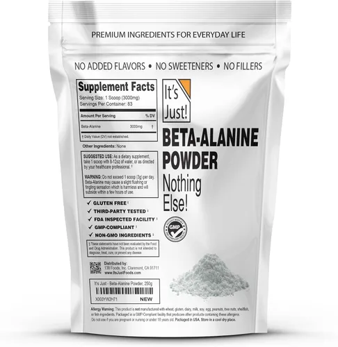 Vista 2 de It's Just! - Polvo de beta-alanina, suplemento previo al entrenamiento, 8.82 oz a granel, sin sabor, 3000 mg por porción (83 porciones)