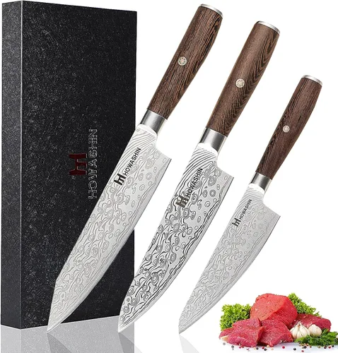 Vista 9 de Juego de cuchillos de cocina de 3 piezas con mango de madera de rosa negra, juego de cuchillos de chef profesional de acero inoxidable alemán