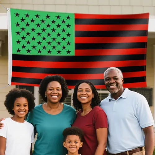 Vista 5 de Bandera de Liberación Africana 3x5 pies resistente para exterior, bandera Pan-Africana Afro-Americana doble cara de 210D, franjas rojas, negras