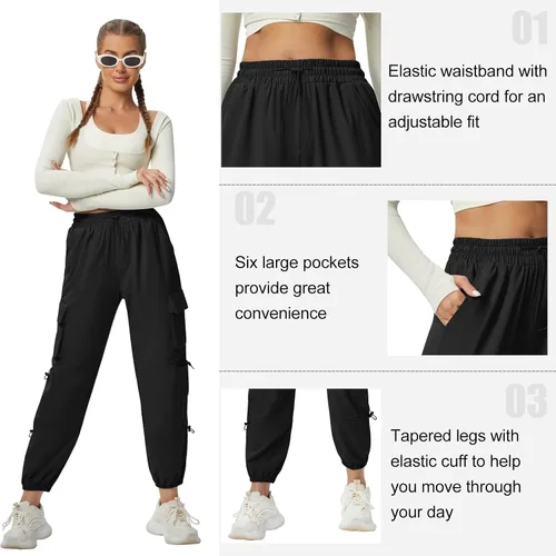 Vista 5 de Pantalones cargo de secado rápido, ligeros, tácticos, con 6 bolsillos, para mujer, cintura elástica y resistente al agua