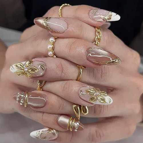 Vista 14 de Nude French Tip Acrylic Medium Almond Press on Nails Flower Fake Nails LHD-Almond-006-03