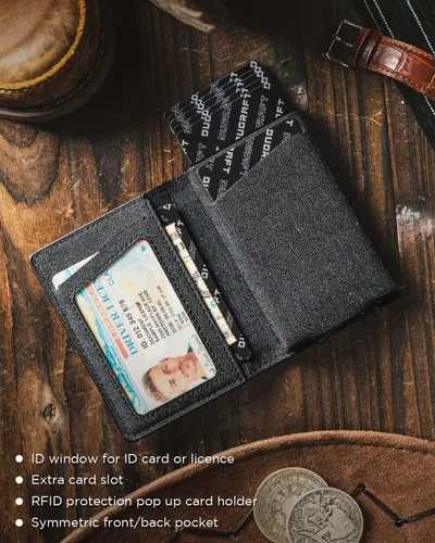 Vista 3 de DUGRAFT Cartera para tarjetas con ventana de identificación, para hombre, bloqueo RFID, minimalista, delgada, plegable, funda para tarjetas