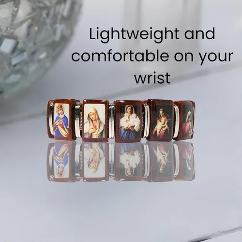Vista 6 de Catholica Shop Madonna Images - Pulsera devocional elástica de madera. Ropa católica para mujer. Hecho en Brasil