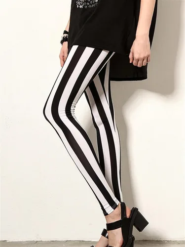 Vista 3 de TRENIS Pantalones negros blancos a rayas pantalones elásticos imprimir Fitness Leggings Mujeres Deportivas Entrenamiento