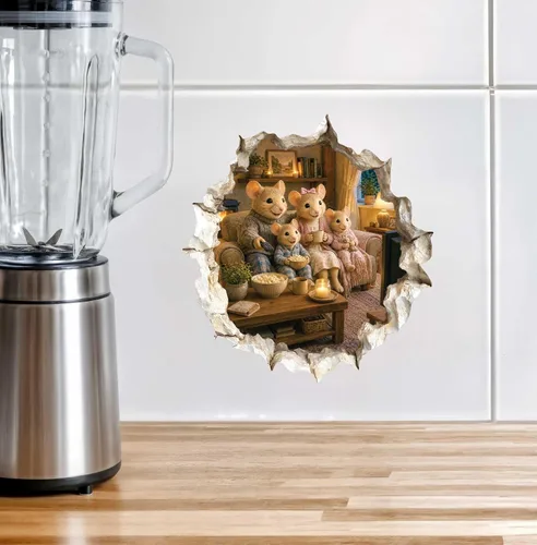 Vista 5 de Calcomanía de pared 3D con agujero para ratón, diseño de familia de ratones