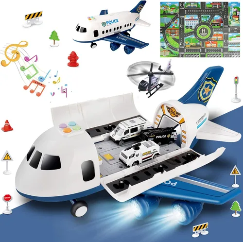 Vista 12 de Dwi Dowellin Juguete de avión rosa con 6 camiones y tapete de juego, avión con luces y sonidos para niños y niñas de 3, 4, 5, 6, 7 años