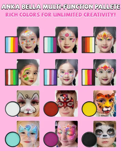 Vista 4 de Anka Bella Pintura facial profesional activada por agua, kit de pintura facial no tóxica para niños y adultos, incluye pastel de arcoíris, pastel