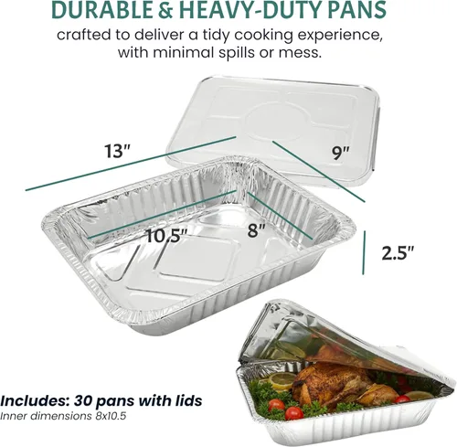 Vista 4 de Sartenes de papel de aluminio de 9 x 13 pulgadas (paquete de 30) – Sartenes de aluminio desechables con alta conductividad térmica para asar a