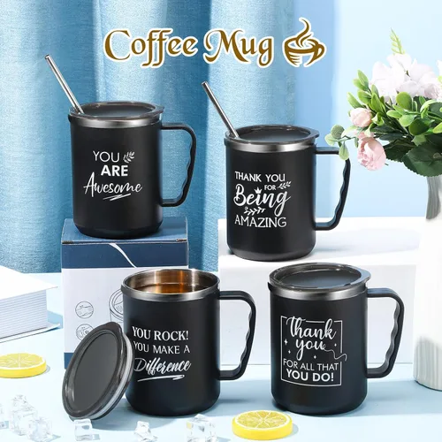 Vista 4 de Sumind Regalo de agradecimiento a los empleados, tazas de café de acero inoxidable de 17 onzas con asa, tapa y popote para Slp, graduación, Negro