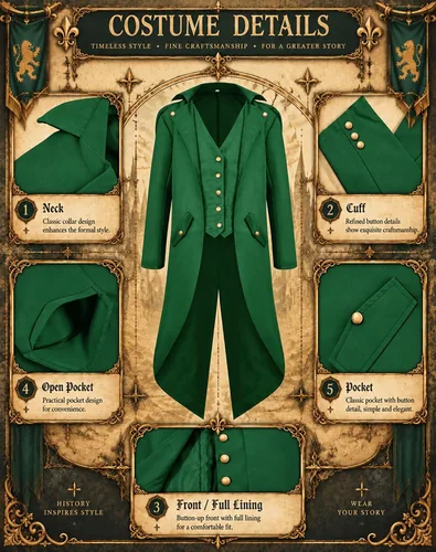 Vista 2 de Chaqueta medieval para niños, disfraz de Halloween, gótico, steampunk, vintage, victoriano, uniforme Verde