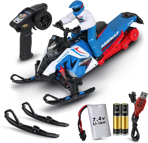 Vista 13 de NKOK Polaris Switchback Assault RC - Juguete para motos de nieve a control verde con azul
