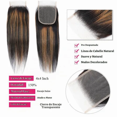 Vista 4 de Extensiones de cabello humano marrón con reflejos de Haha con cierre, extensiones lisas con cierre ombre, extensiones de cabello humano con cierre