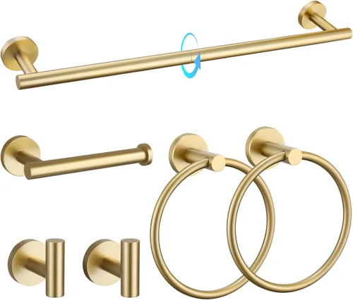 Vista 23 de TQKAG Juego de accesorios de baño negro y dorado de 5 piezas, juego de toalleros redondos de acero inoxidable de 23.6 pulgadas para baño montado