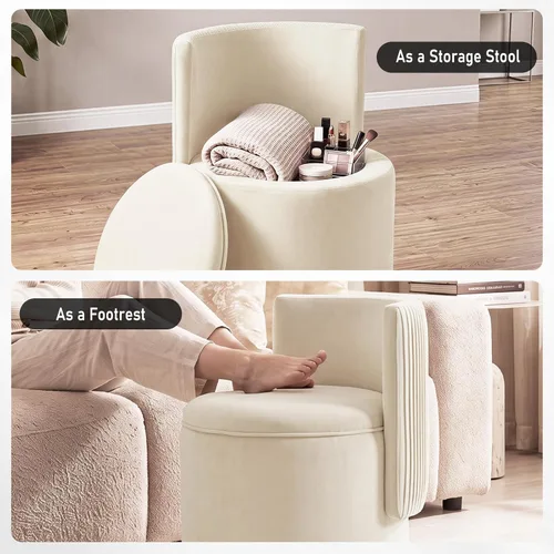 Vista 7 de Furniliving Silla de tocador de terciopelo con almacenamiento, silla giratoria de 360° con respaldo ondulado, moderno taburete de tocador de barril