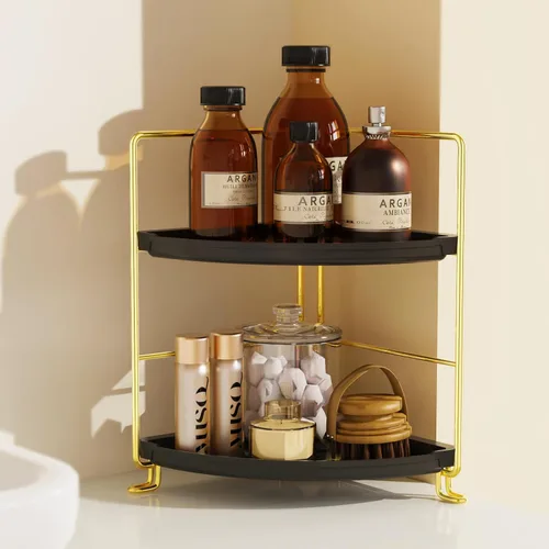 Vista 3 de Estante esquinero para especias de 2 niveles, organizador de maquillaje, apilable, soporte para cosméticos, estante de mostrador para baño, cocina