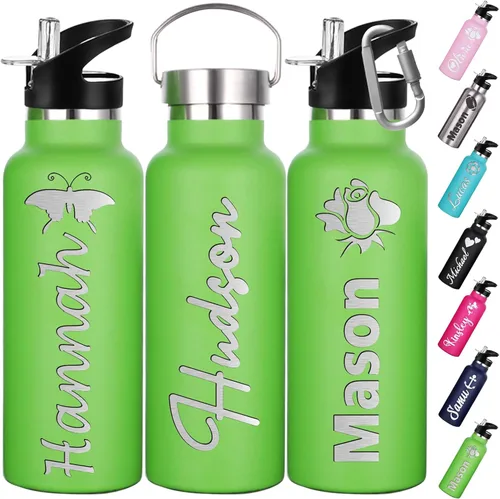 Vista 12 de Botellas de agua personalizadas con tapa de popote de 12/26 onzas con nombre grabado, logotipo, botella aislada personalizada, botellas de agua