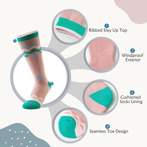 Vista 4 de OutdoorMaster Calcetines de esquí para niños, paquete de 2 pares de calcetines de snowboard para niños y niñas, diseño sobre la pantorrilla con puño