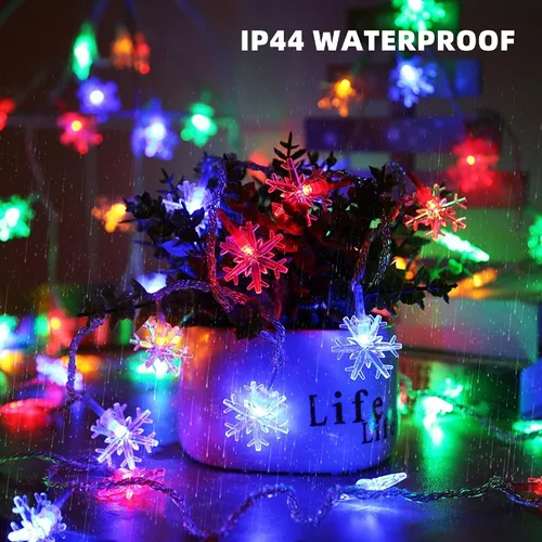 Vista 6 de Dazzle Bright Guirnalda de luces de copos de nieve de Navidad, 100 luces LED de 49 pies, impermeables, enchufables, con 8 modos para interiores