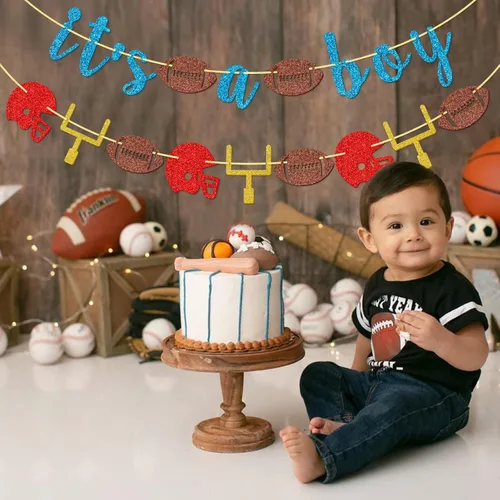 Vista 7 de Decoraciones de fútbol para baby shower, pancarta azul con purpurina, hecha a mano, pre-encordada, 12.8 x 117.6 pulgadas, fiesta de niño
