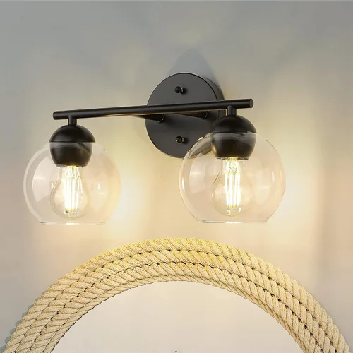 Vista 8 de Emak Lámpara de baño negra de 2 luces sobre el espejo, luces de tocador de baño con pantalla de vidrio transparente, VL114-BKL-2