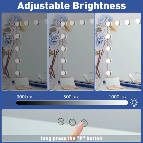Vista 4 de HOMPEN Espejo de maquillaje con luces, espejo de tocador grande iluminado Hollywood con 15 bombillas LED regulables, 3 modos de color, control