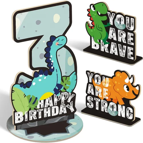 Vista 54 de Juego de 3 piezas de dinosaurios con signo de número de 2º cumpleaños, decoración de mesa de dinosaurios para niños y niños de 2º cumpleaños
