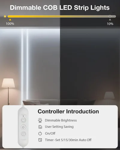 Vista 3 de Aclorol Tira de luces LED COB de 5 V, 10 pies, 960 LED, regulables, impermeables, con autoadhesivas, para gabinete de cocina, baño, espejo, tocador