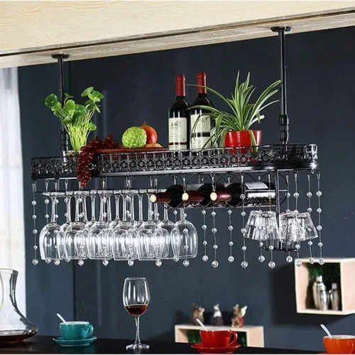 Vista 2 de Wall-Mounted Wine Rack 100x35cm, Metal Wine Bottle & Glass Holder with Shelf, Vintage Bar Storage Organizer(80x35cm)