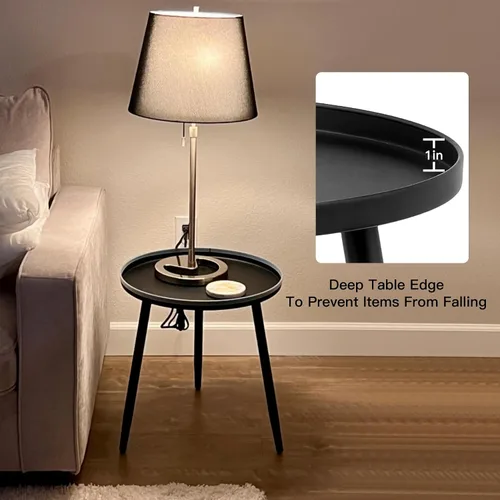 Vista 5 de Linpla Mesas auxiliares/auxiliares decentes – Pequeña mesa redonda decorativa, mesitas de noche estrechas de metal negro con 3 patas, ideal