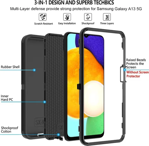 Vista 5 de ONOLA Funda compatible con Galaxy A13 5G, con protector de pantalla HD (paquete de 2), funda duradera a prueba de golpes de 3 capas para color negro