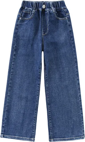 Vista 2 de birbyrrly Pantalones de mezclilla de pierna ancha para niñas, holgados, cintura elástica, pantalones de mezclilla casuales con bolsillos