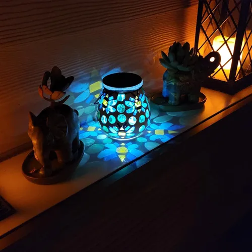 Vista 8 de Afirst - Faroles de mosaico para exteriores, luces solares colgantes de cristal, abejas, impermeables, decorativas para exteriores, jardín, patio