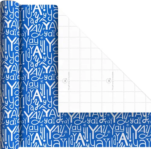 Vista 7 de Hallmark Mini rollos de papel de regalo de cumpleaños, paquete de 3 (lunares arcoíris y letras, Yay azul y blanco) para fiestas infantiles
