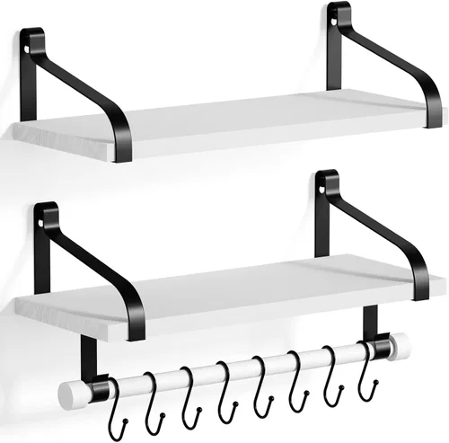 Vista 10 de Love-KANKEI Estantes flotantes para barra de café, estantes de baño con toallero, estantes de pared con 8 ganchos para cocina, juego de 2 estantes