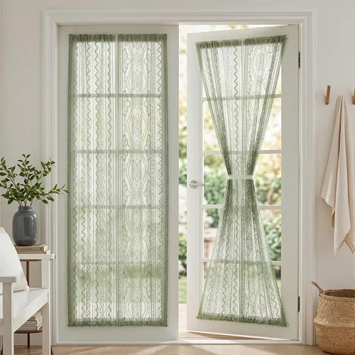 Vista 21 de MYSKY HOME Cortinas de encaje beige para puerta francesa de 40 pulgadas de largo, 2 paneles de cortinas florales bohemias transparentes para puerta