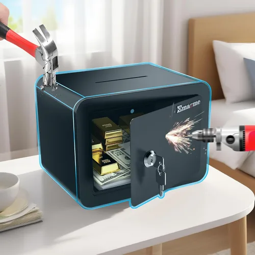 Vista 2 de Caja fuerte pequeña, cajas fuertes tipo casillero con llave y ranura para monedas, pequeñas cajas fuertes para dinero, seguridad doméstica
