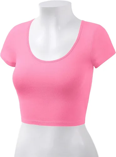 Vista 4 de Camiseta ombliguera básica de algodón con cuello redondo y manga corta para mujer
