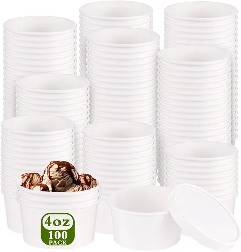 Vista 17 de Paquete de 100 recipientes de papel de 4 onzas para sopa con tapas ventiladas, recipientes desechables para alimentos, tazas de helado de estraza