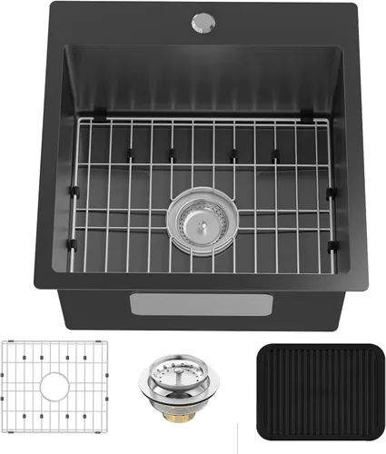 Vista 9 de Fregadero de cocina y bar negro de 15 x 17 pulgadas, fregadero de acero inoxidable con rejilla SS, alfombrilla de silicona, colador, colador