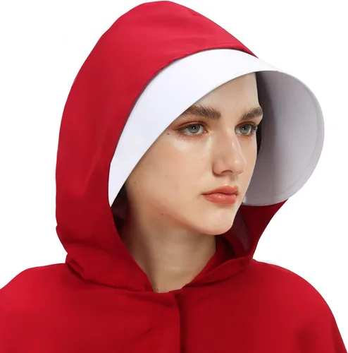 Vista 9 de Handmaid - Disfraz de cosplay de color rojo capa roja con capucha y gorro blanco para fiesta de Halloween Rojo