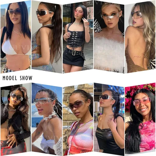 Vista 2 de NLORNLAW - Gafas de sol Y2K envolventes para mujeres y hombres, gafas de sol con parte superior plana, gafas de sol futuristas sin marco con lentes