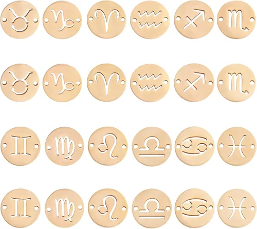 Vista 8 de 24 dijes de acero inoxidable del zodiaco, colgantes planos y redondos, constelaciones, dije de signo del zodiaco, dorado, para joyería, collares
