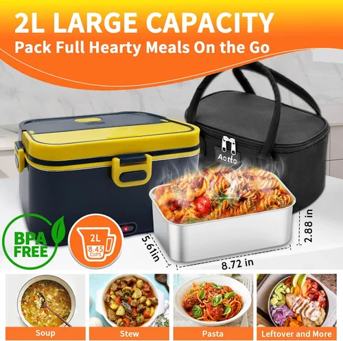 Vista 3 de Aotto Lonchera eléctrica portátil: fiambrera eléctrica con calentador de alimentos de 90W para adultos, 2L de acero inoxidable, calentamiento
