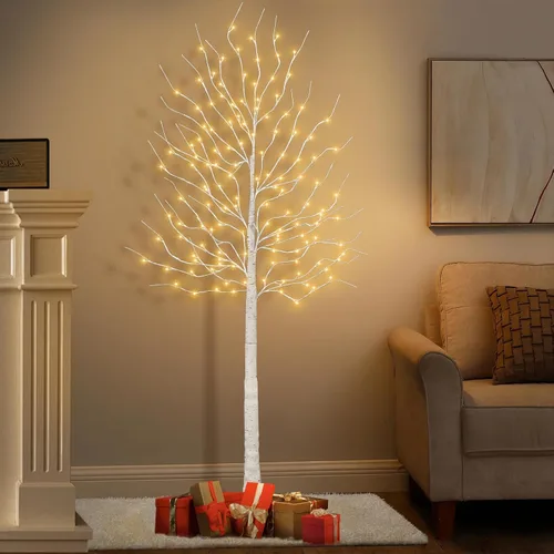 Vista 5 de Juego de 2 árboles de abedul iluminados de 6 pies, 160 LED blanco cálido, para el hogar, festival, fiesta y decoración de Navidad, uso en interiores